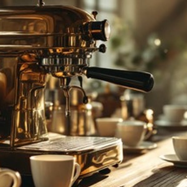 A vintage brass coffee machine, its handle worn smooth from use