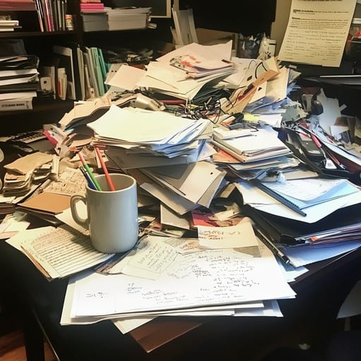 A desk buried under a pile of unopened letters and papers