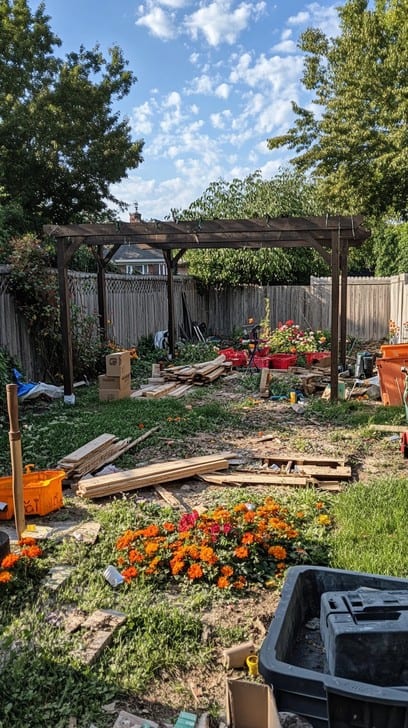 A backyard garden mid-renovation, overgrown and scattered with timber