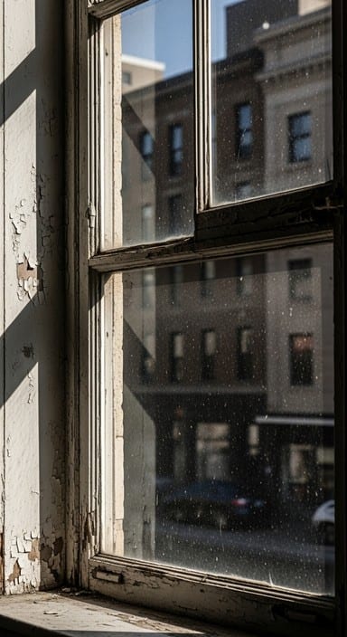 A weathered window with peeling paint, about to be fixed for months